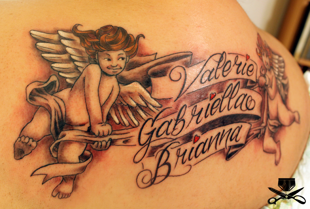 A Tattoo Of Cherubs With Banners That Had Her Childrens Names On Them